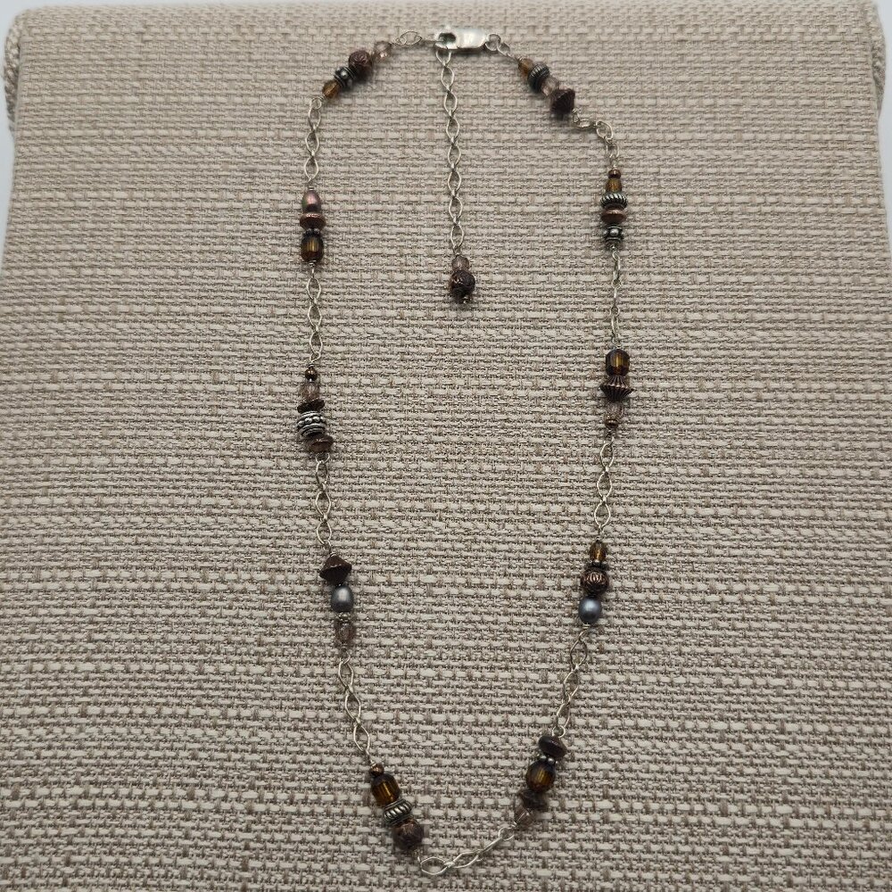 17+3 Inches Sterling Silver And Copper Pearls Crystals Necklace A4222
